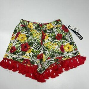 NWT xoxo Tropical Floral Print Linen Shorts w Red Tassel Fringe XS